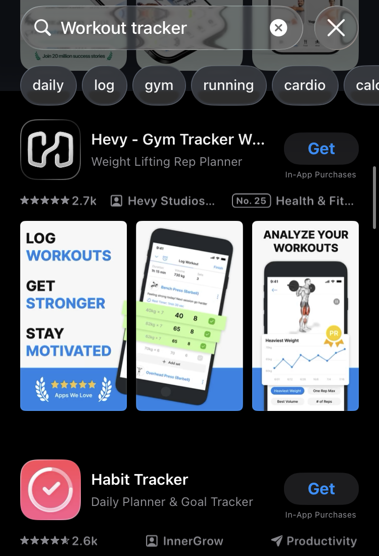 Dark-mode iPhone App Store search results for workout tracker